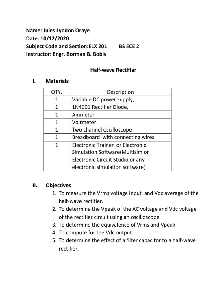Half-Wave Rectifier Experiment Guide | PDF | Rectifier | Electrical ...