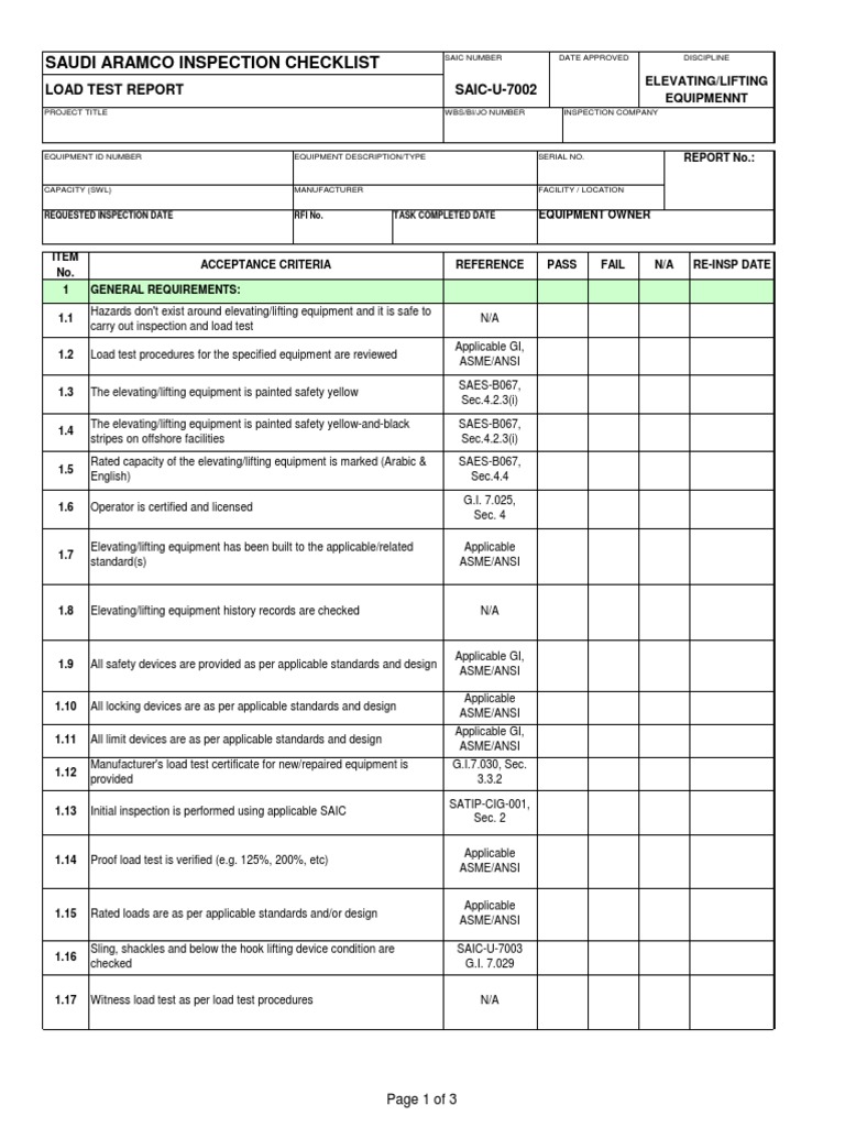 Saudi Aramco Inspection Checklist: Load Test Report SAIC-U-7002 | PDF ...