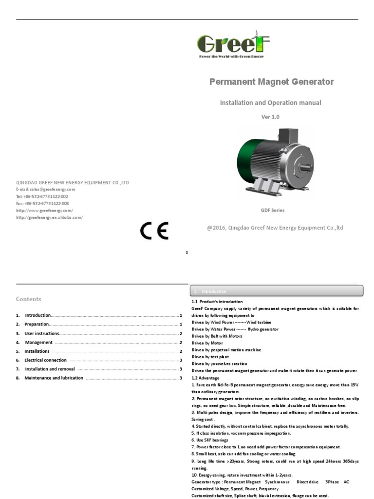 Greef PM Generator Installation Manual | PDF | Electric Generator ...
