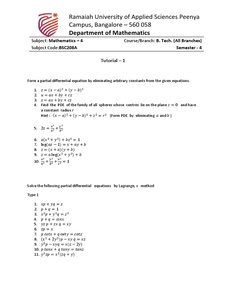 Bsc8a Tutorial 1 Theory Pdf Partial Differential Equation Equations