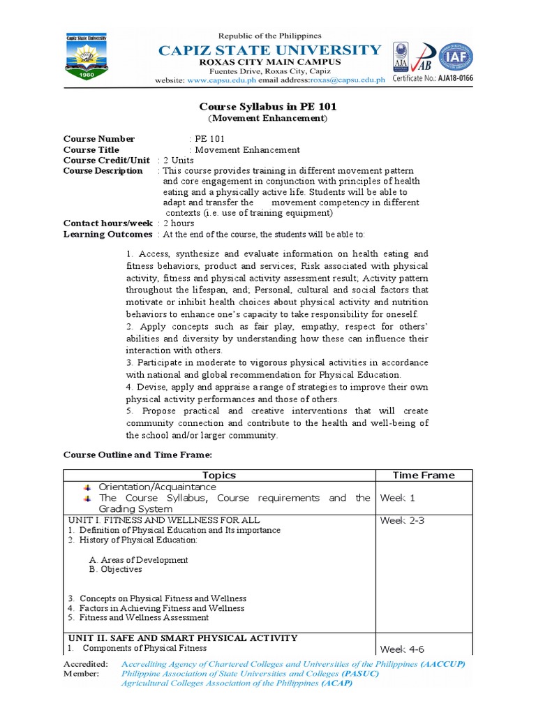 PE 101 Syllabus: Movement Enhancement | PDF | Physical Education ...