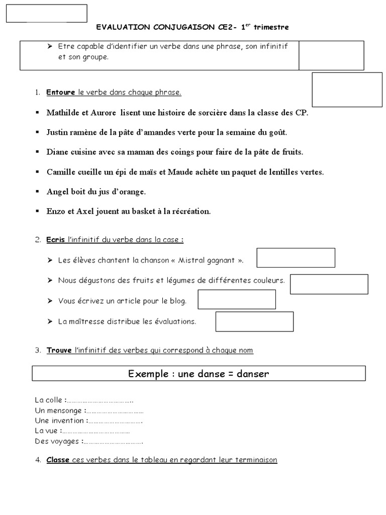 évaluation Français Ce2 3ème Trimestre Pdf Evaluation Conjugaison Ce2-1 Trimestre: Exemple: Une Danse Danser | PDF