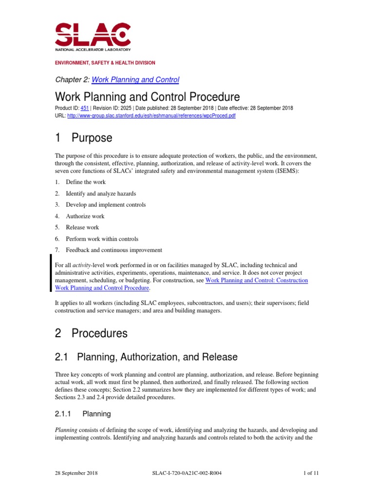 SLAC Work Planning & Control Guide | PDF | Occupational Safety And ...