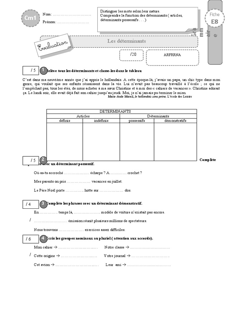 Exercice Sur Les Déterminants Cm2 cm1 Evaluation Determinants | PDF | Typologie linguistique | Syntaxe
