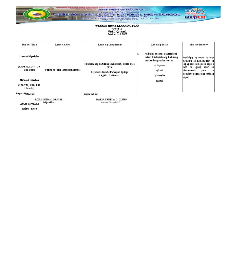 WEEKLY HOME LEARNING PLAN Week 2 Amor | PDF