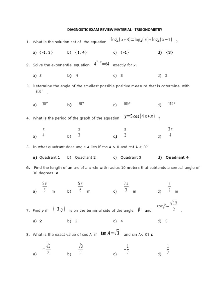 Diagnostic Exam Reviewer Trigonometry 2 | PDF | Sine | Trigonometric ...