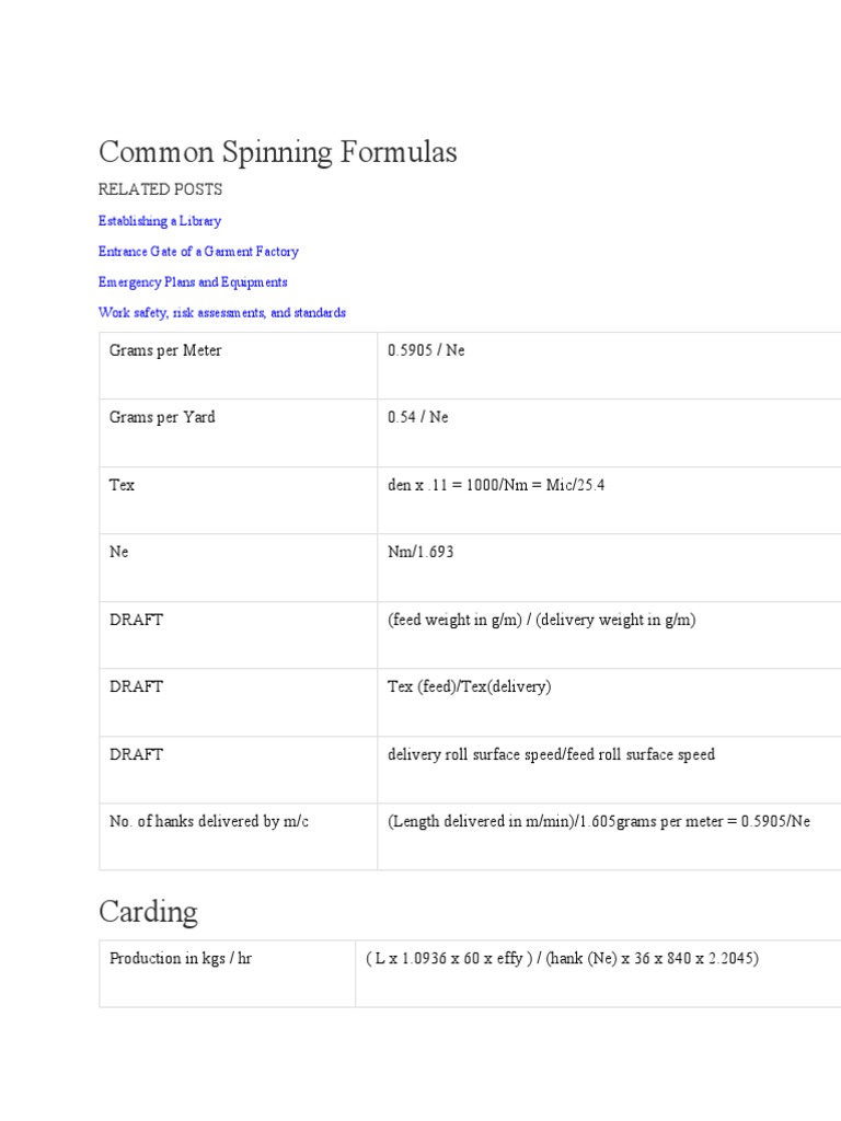 Common Spinning Formulas PDF Spinning (Textiles) Textiles