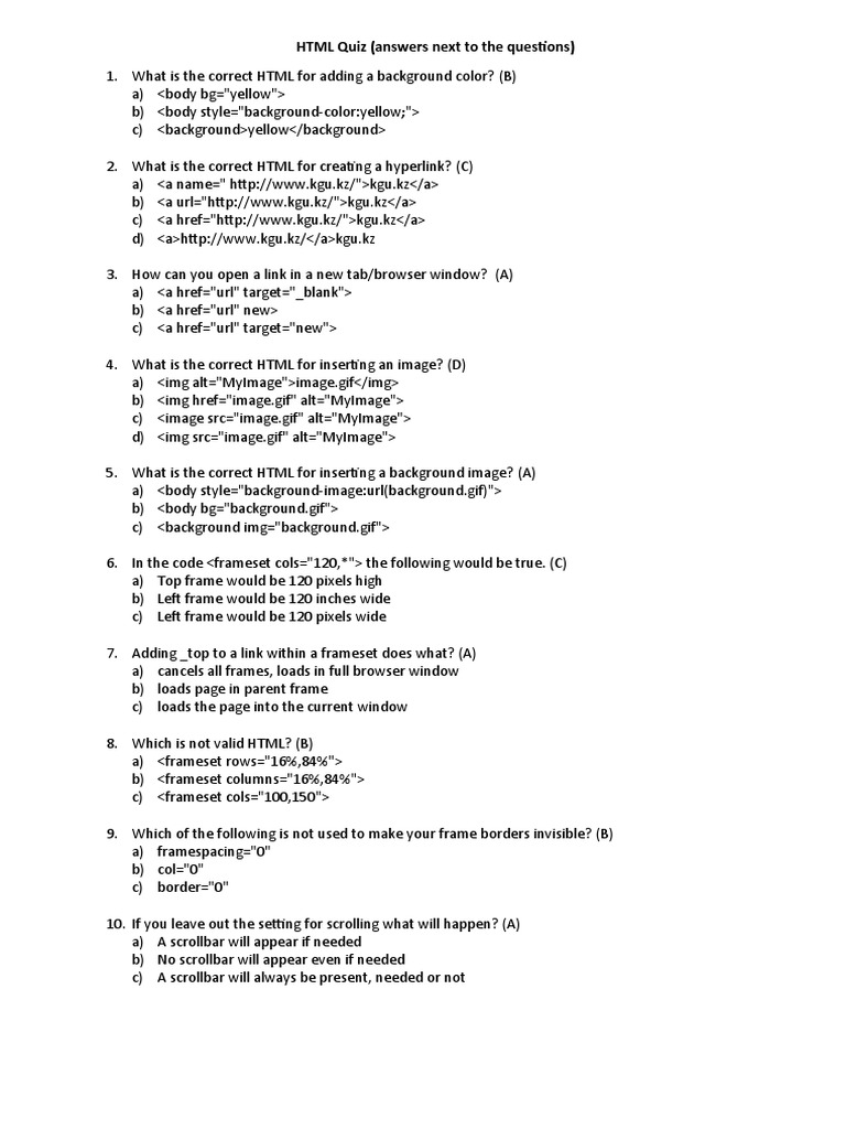 HTML Quiz (Answers Next To The Questions) | PDF