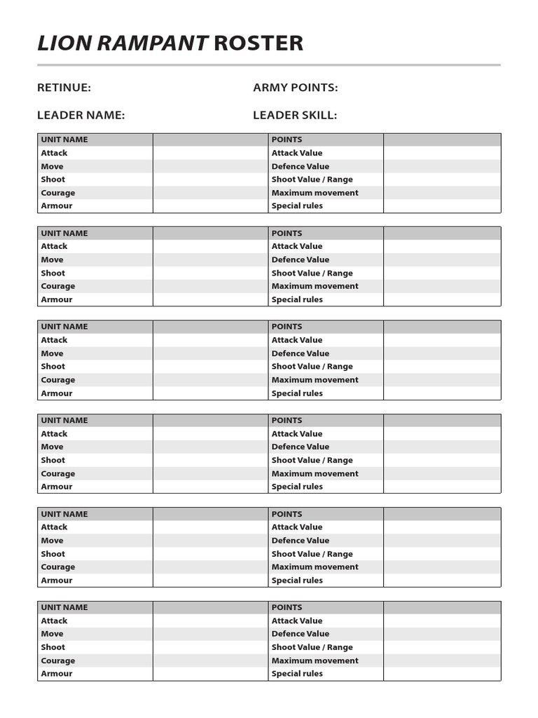 Lion Rampant Roster Retinue Army Points Leader Name Leader Skill PDF