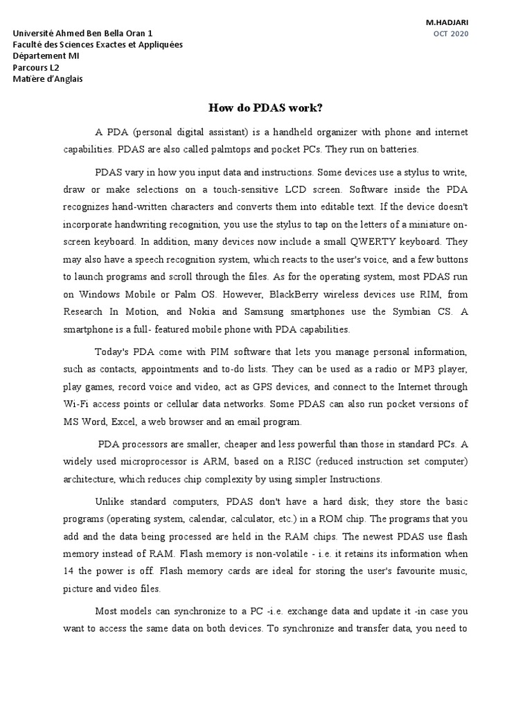 How Do Pdas Work PDF Personal Digital Assistant Information