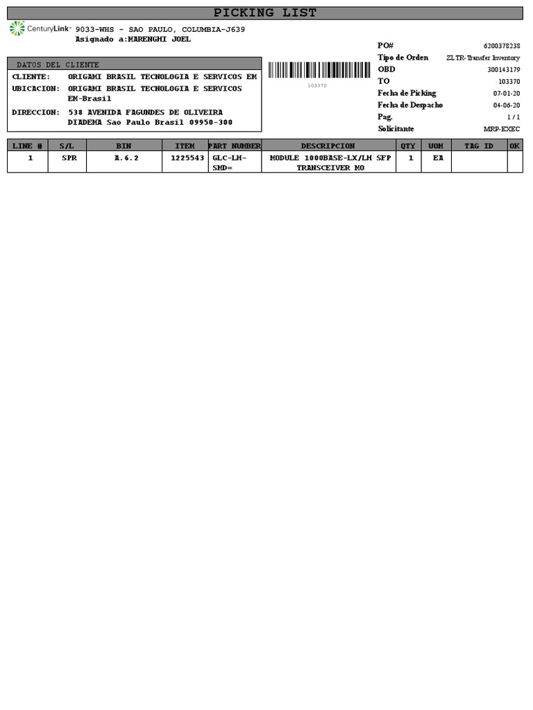 Ejemplo de Lista de Picking | PDF