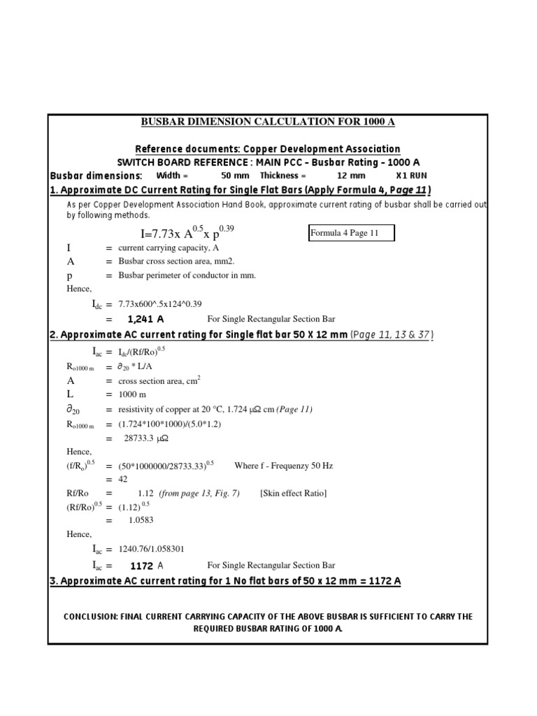 BUSBAR CALCULATION FOR CURRENT CARRYING CAPACITY 1000 A WITH 50 X 12 CU