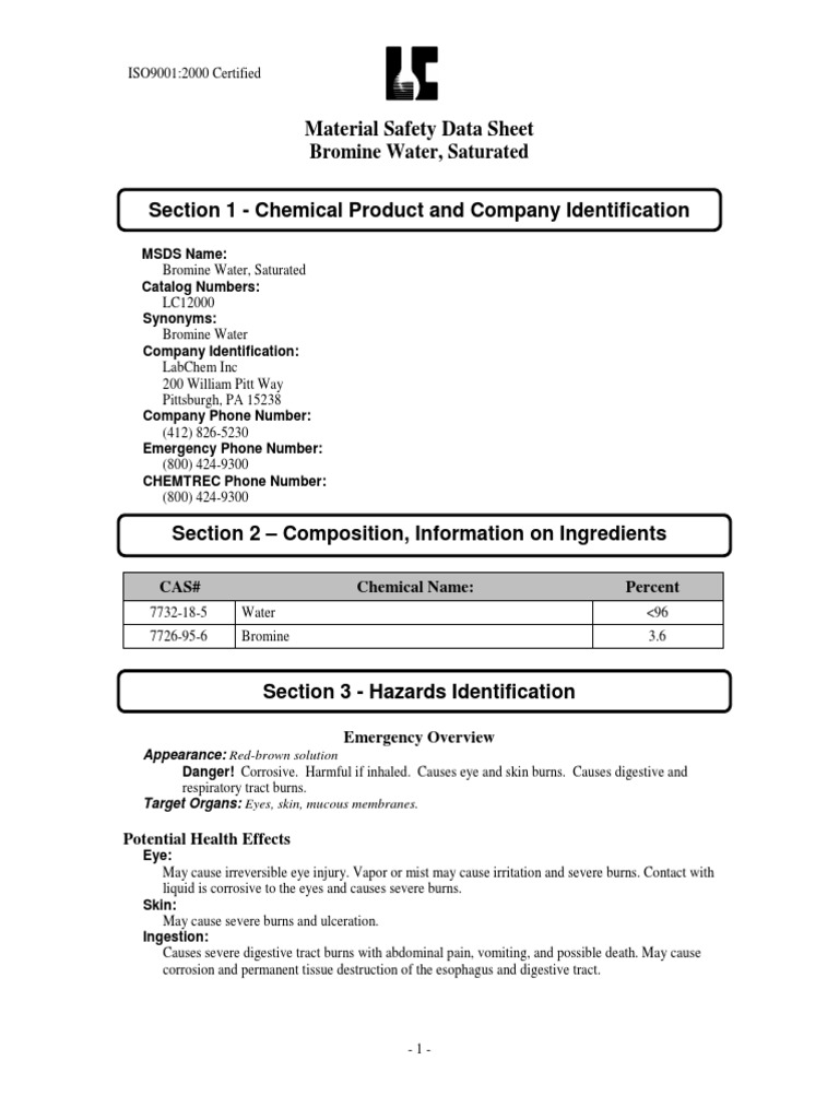 Material Safety Data Sheet Bromine Water, Saturated Section 1