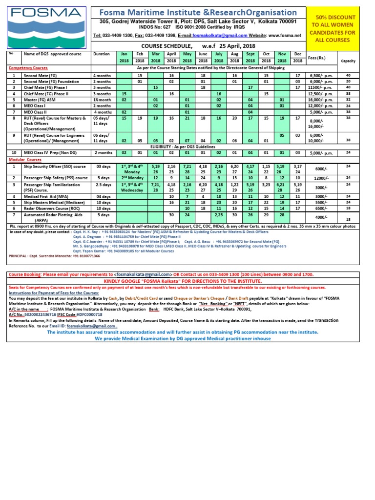 Schedule of Competency and Modular Courses Offered by Fosma Maritime