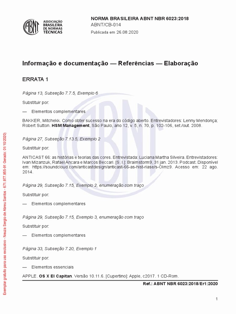 ERRATA 1 DA NORMA BRASILEIRA ABNT NBR 6023:2018 - INFORMAÇÃO E ...