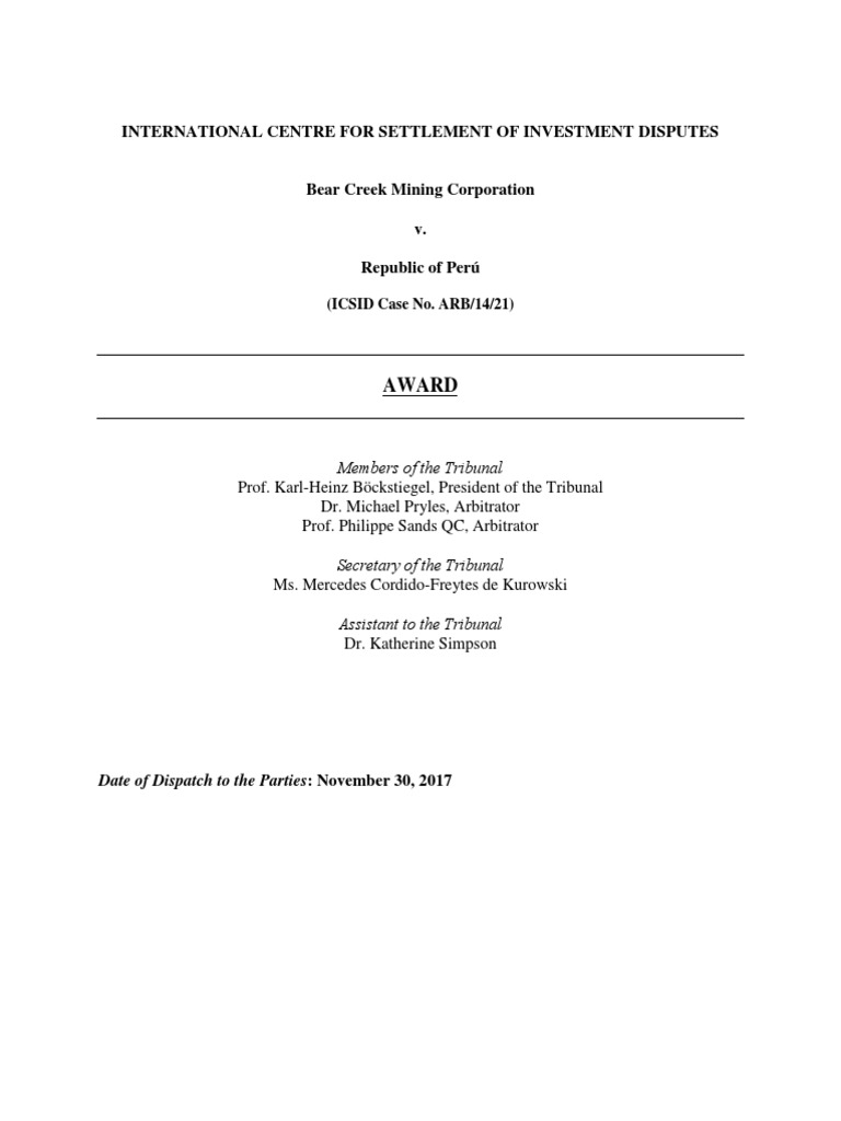 Bear Creek Mining Corporationv. Republic of Perú. Award PDF PDF