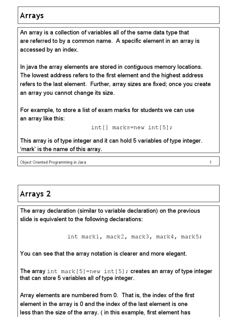 Arrays: Object Oriented Programming in Java 1 | PDF | Array Data ...
