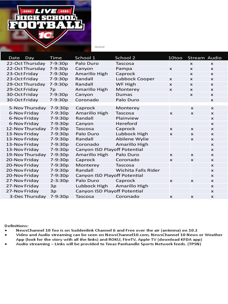 High School Football Schedule - Oct 22 - Dec 4 Rev Oct 13 | Media