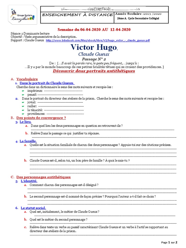 Claude Gueux Questionnaire De Lecture Corrigé Claude Gueux LECTURE Passage 2 | PDF