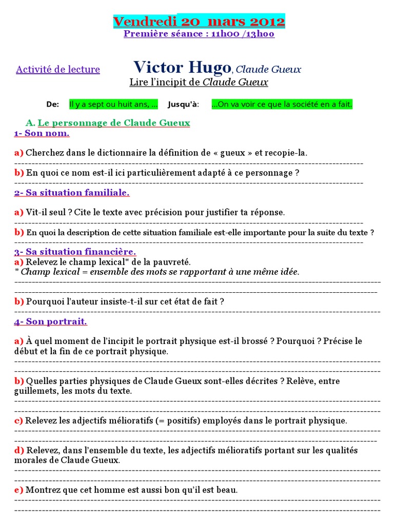 Claude Gueux Fiche De Lecture Pdf Claude GUEUX Passage 1 Icipit | PDF
