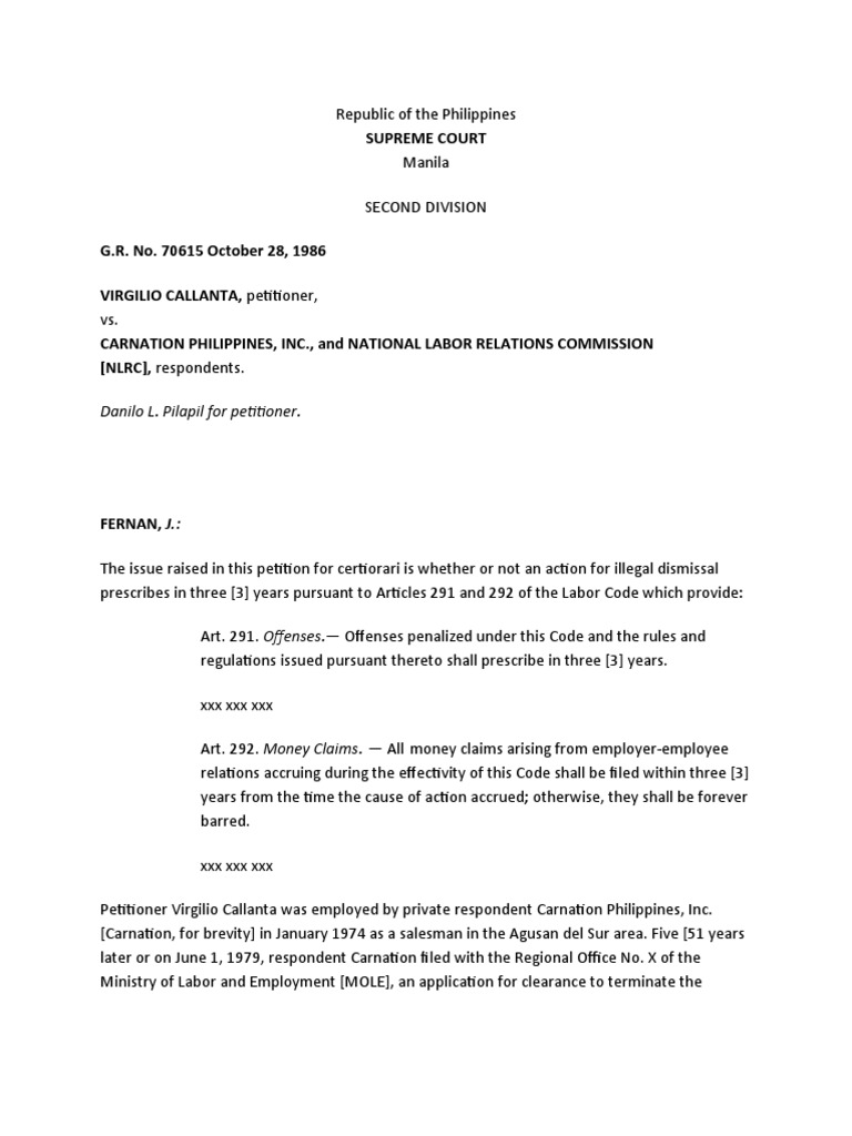 Callanta Vs Carnation FC Download Free PDF Statute Of Limitations