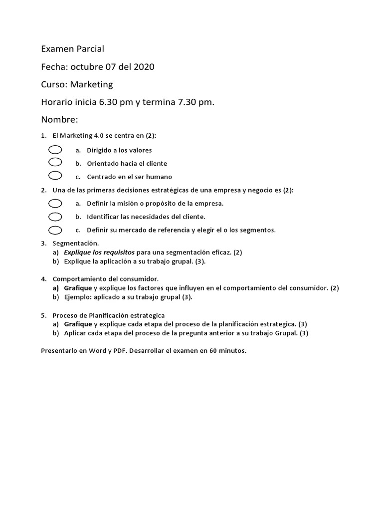 Examen Parcial de Marketing 2020 | PDF | Negocios