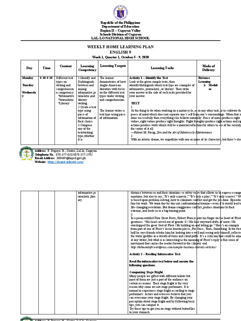 Weekly Home Learning Plan English 9 | PDF | Learning | Reading ...