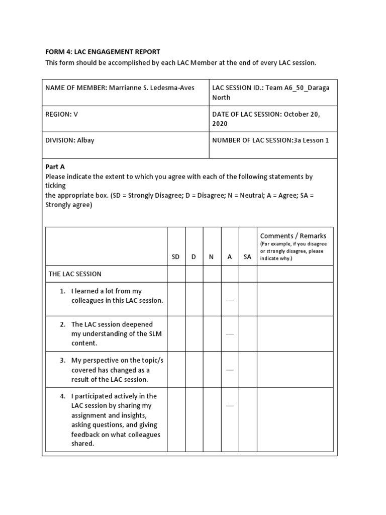 LAC Engagement Report Form 4 | PDF | Language Arts & Discipline