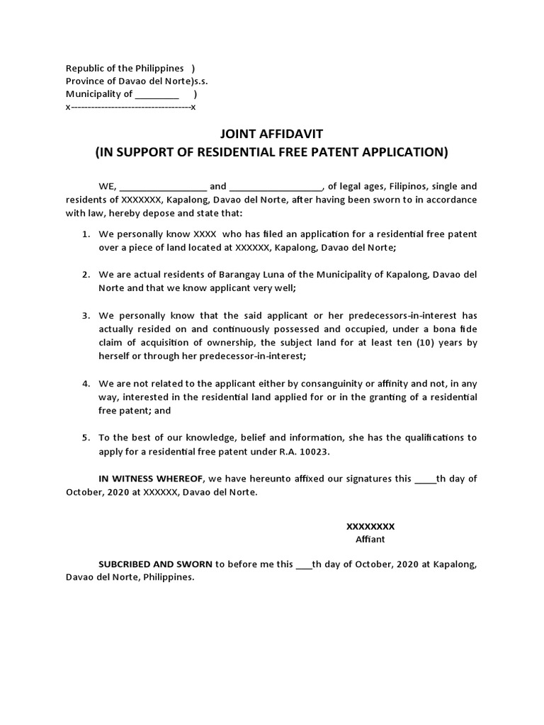 Joint Affid in Support of Residential Free Patent Application S PDF