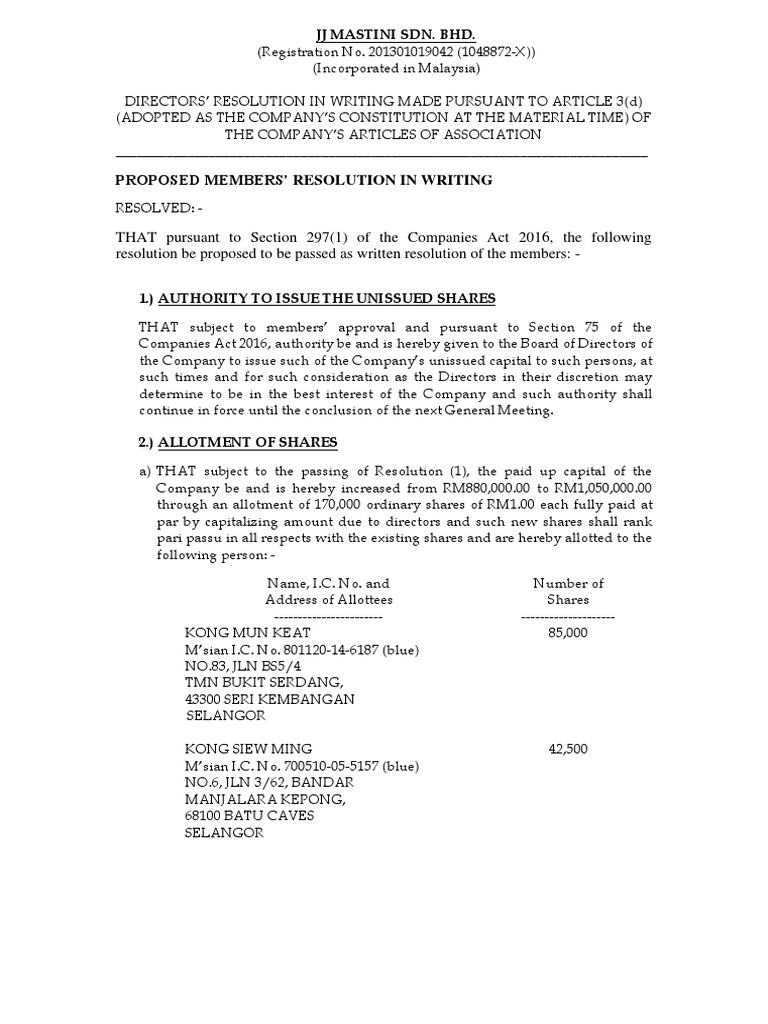Sec.132D Share Allotment Increase Paid Up To 1,050,000 (Non Cash) | PDF ...