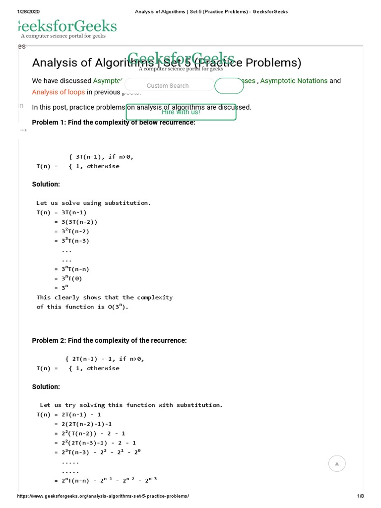 Analysis of Algorithms - Set 5 (Practice Problems) | PDF | Time ...