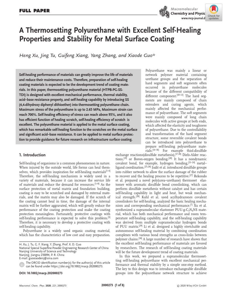 A Thermosetting Polyurethane With Excellent SelfHealing P Roperties