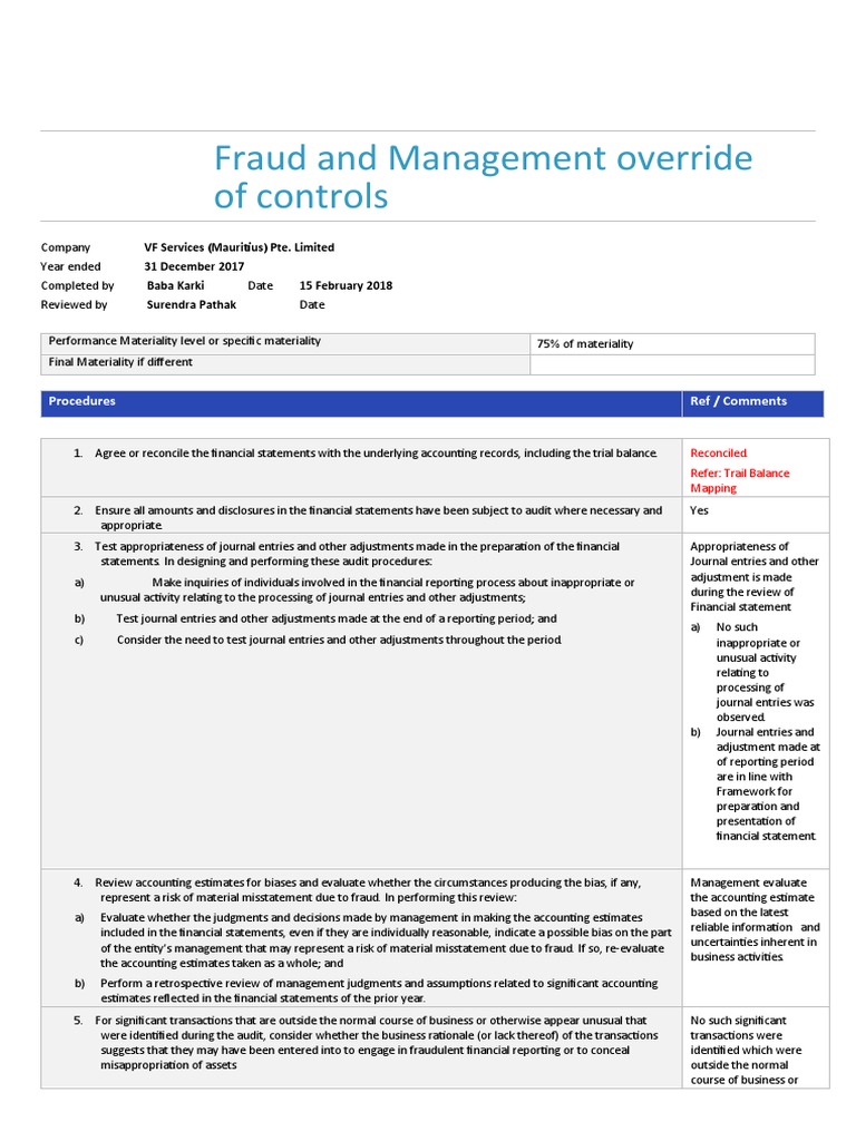 Management Override of Controls Audit Review | PDF | Audit | Risk