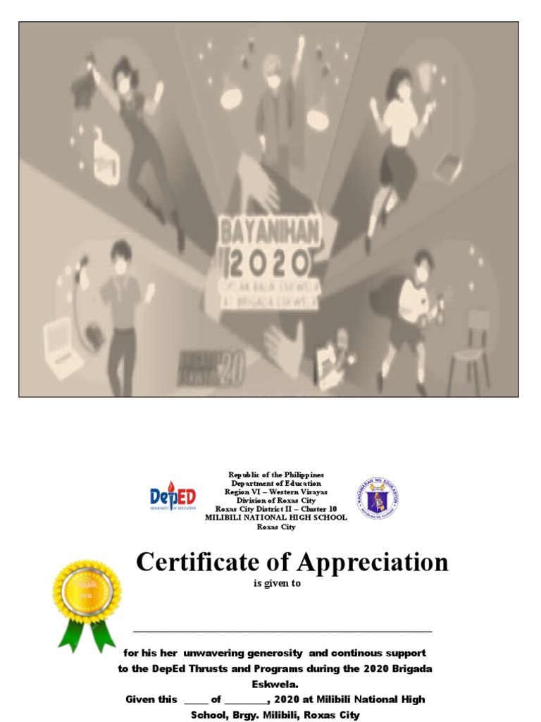Certificate of Appreciation for Support During 2020 Brigada Eskwela at Milibili National High