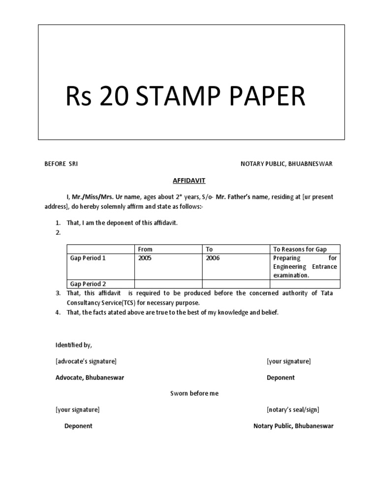 Year Gap Affidavit Format For Tcs Pdf