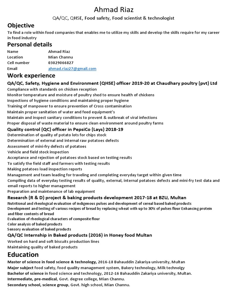 Ahmad Riaz CV-B PDF | PDF | Hygiene | Foods