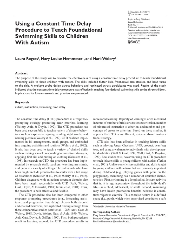 Using A Constant Time Delay Procedure To Teach Foundational Swimming