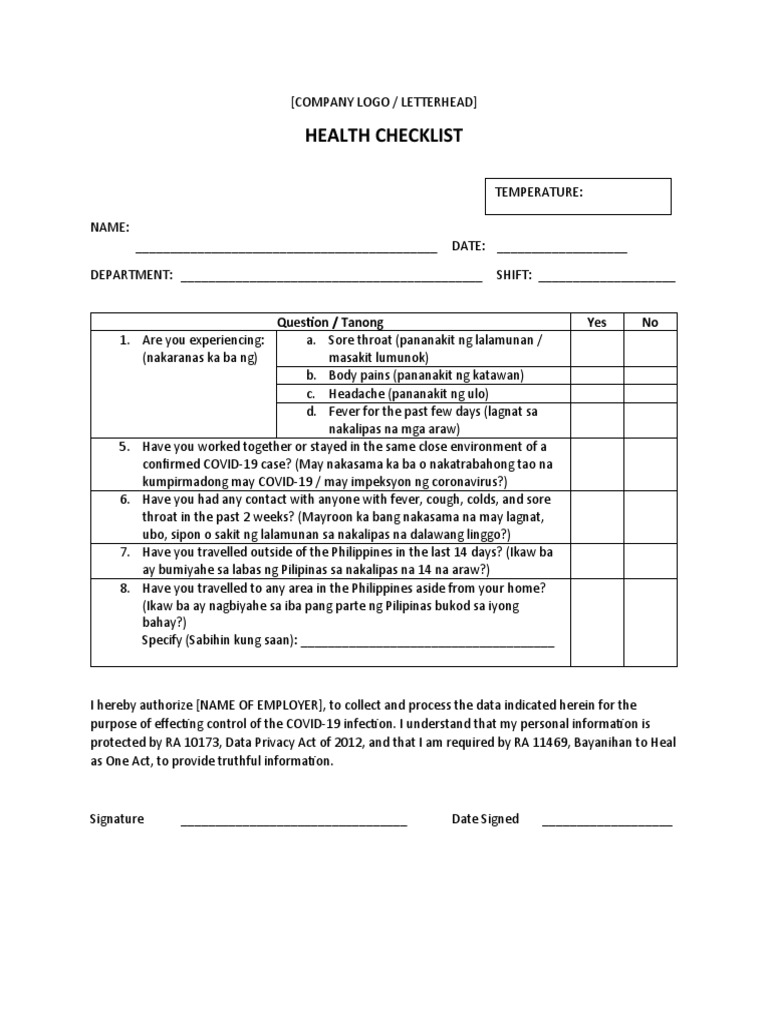 Health Checklist: Question / Tanong Yes No | PDF
