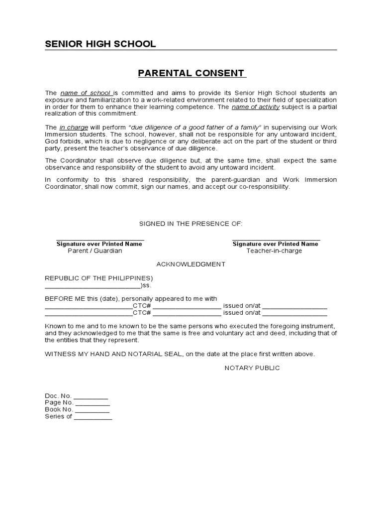Senior High School Parental Consent: Signature Over Printed Name ...