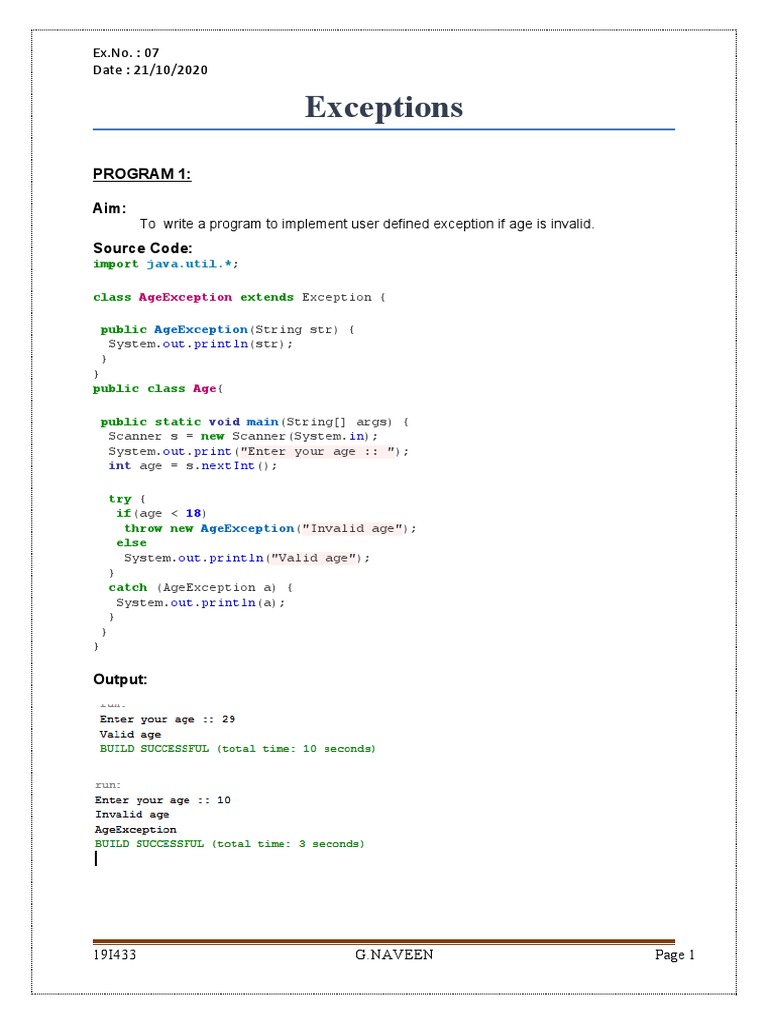 Exceptions Program 1 Aim Source Code PDF Parameter Programming) Software