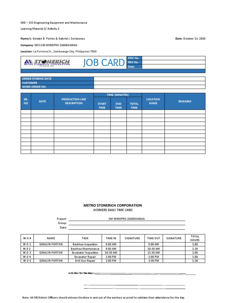 Job Card: IME - 153 Engineering Equipment and Maintenance Learning ...