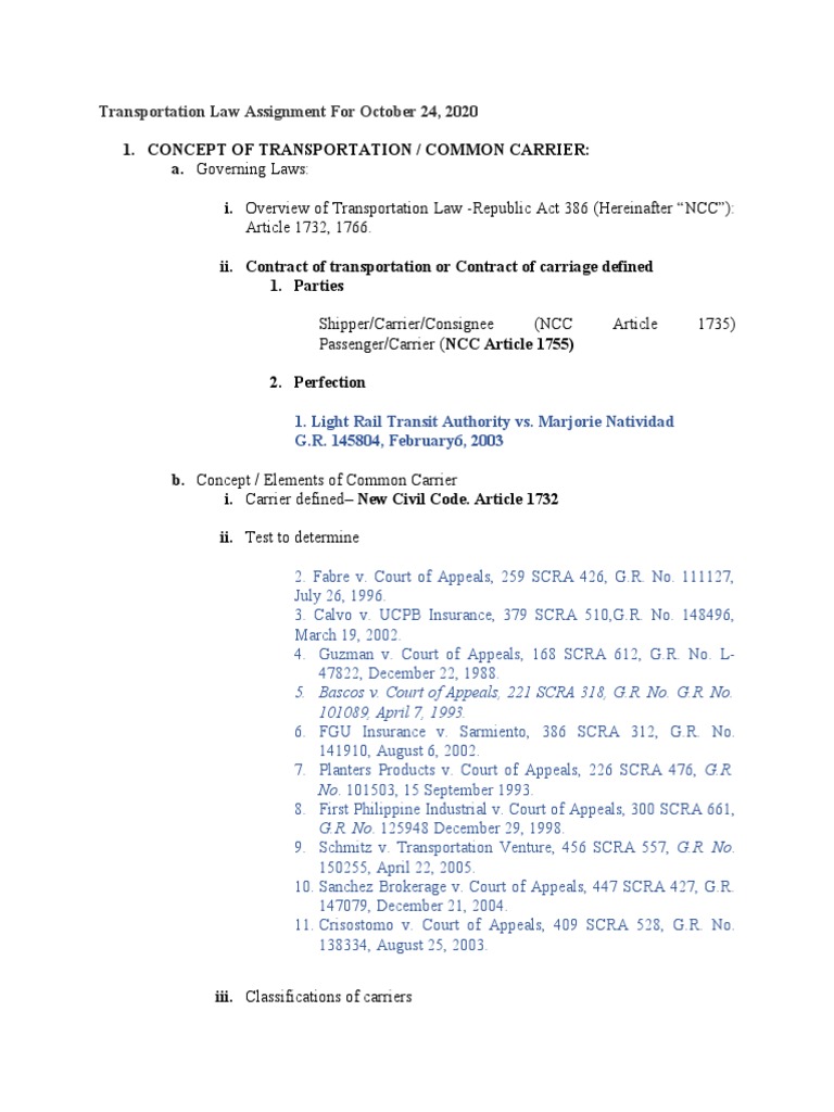 Transportation Law Assignment For October 24, 2020 Article 1732, 1766