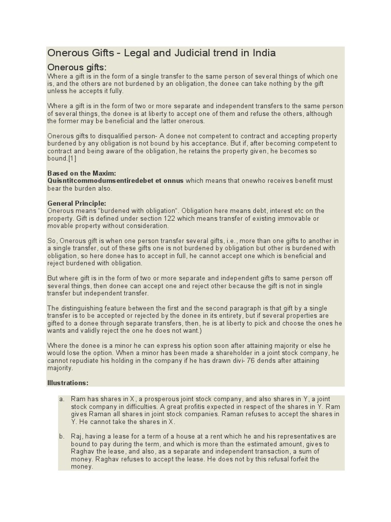 Onerous Gifts in India Examining the Legal Principles Regarding Acceptance of Single and
