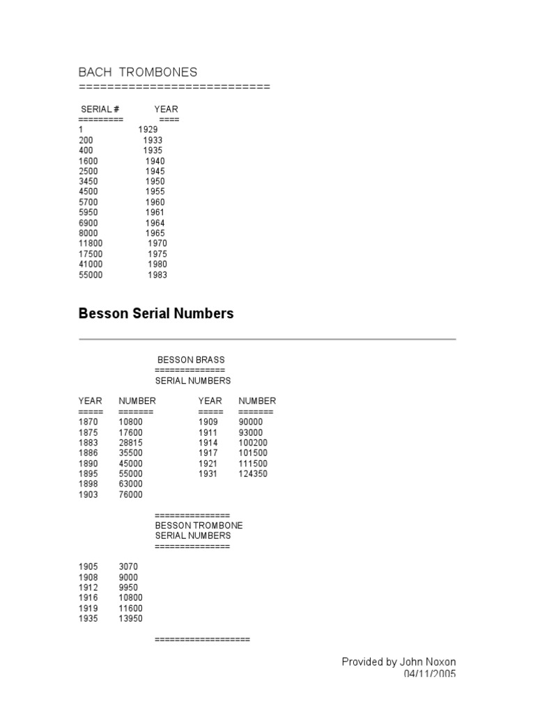 Bach Trombones Besson Serial Numbers PDF Music Production