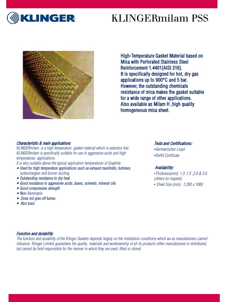 KlingermilamPSS Gasket Datasheet 1 PDF Civil Engineering Chemistry