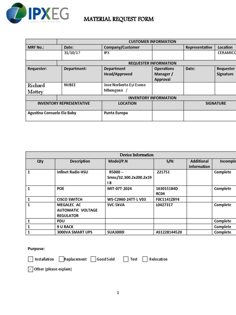 Material Request Form: Richard Mottey | PDF | Electrical Engineering ...
