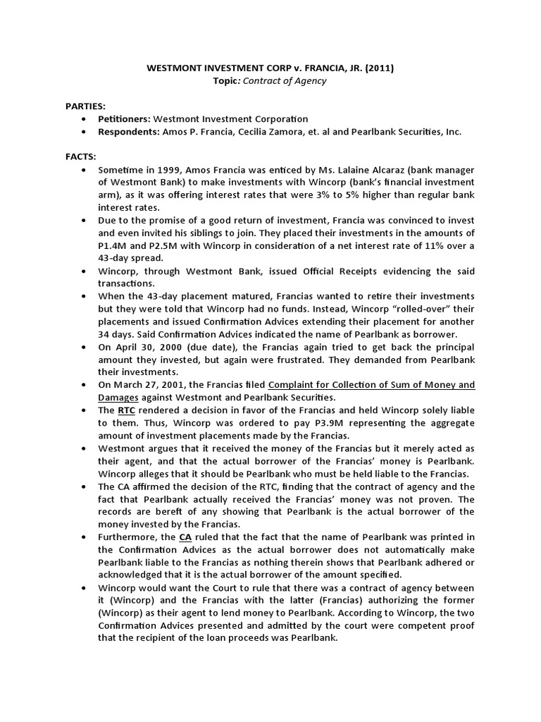 Westmont Investment v. Francia PDF Law Of Agency Justice