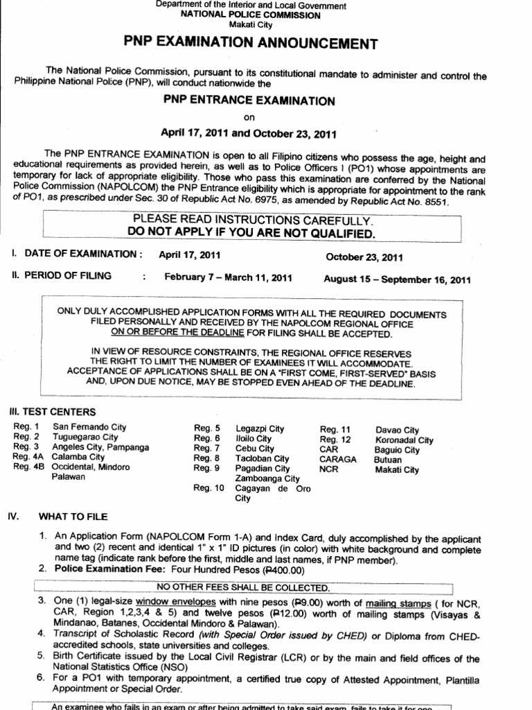 PNP Entrance Examination Schedules