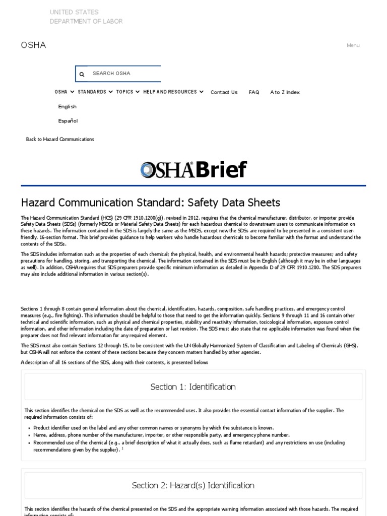 Hazard Communication Standard Safety Data Sheets OSHA 3514