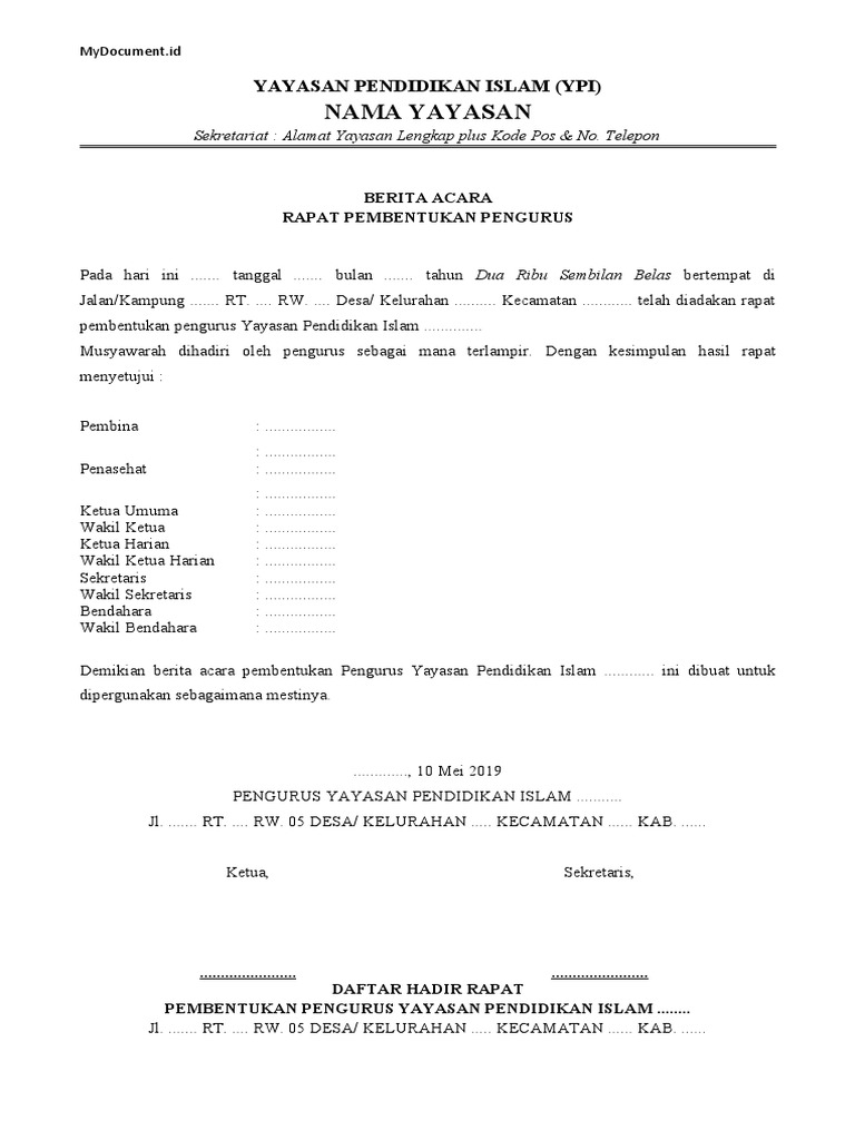 Contoh Berita Acara Pembentukan Pengurus Yayasan